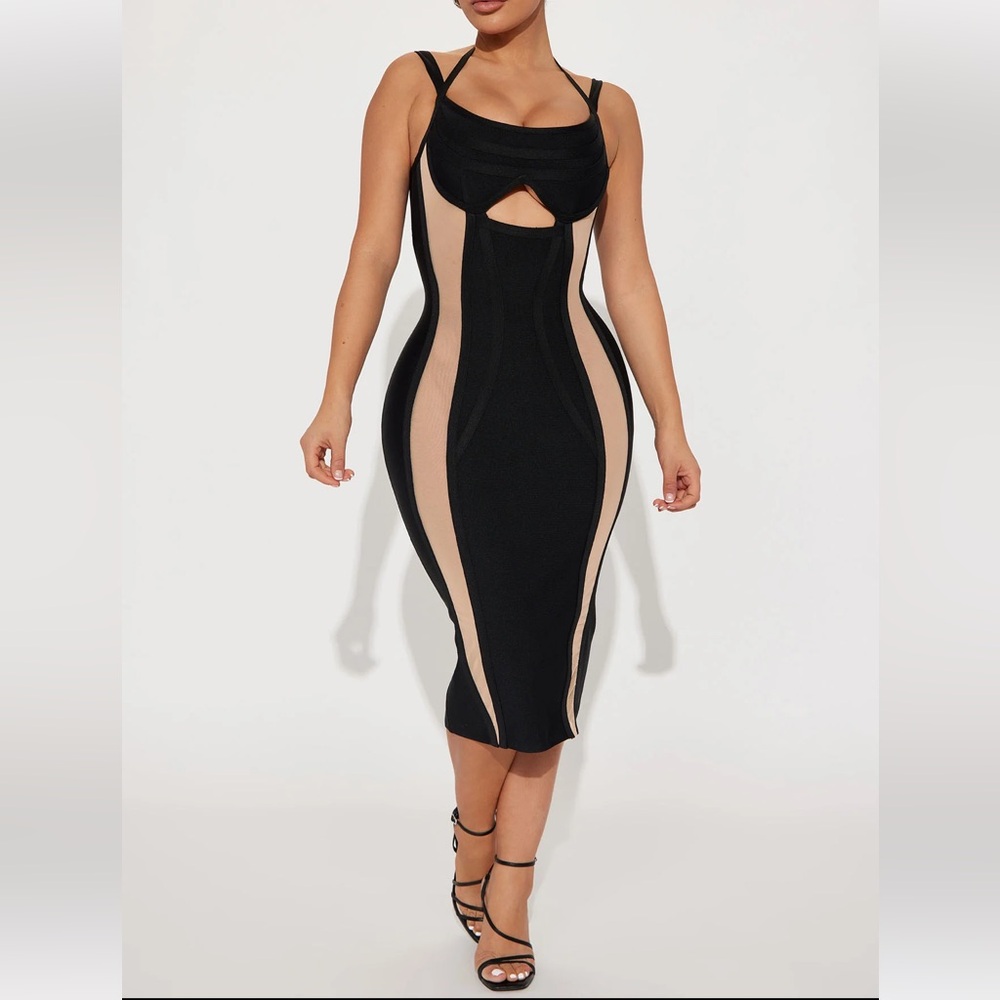 Black and Nude Bodycon Mesh Midi Dress